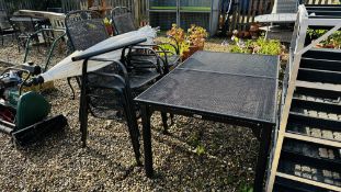 A KETLER EXTENDING METAL GARDEN TABLE WITH SET OF EIGHT MATCHING GARDEN CHAIRS COMPLETE WITH