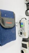 A BOX OF ASSORTED MODERN, DIGITAL & VINTAGE CAMERAS TO INCLUDE OLYMPUS, CANON & SONY EXAMPLES,