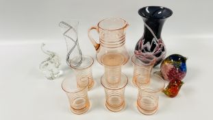 A GROUP OF GLASSWARE TO INCLUDE AN ART DECO PALE PINK GLASS LEMONADE SET,