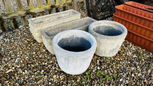 A PAIR OF DECORATIVE STONEWORK PLANTING TROUGHS LENGTH 73CM PLUS PAIR OF STONEWORK BARREL DESIGN