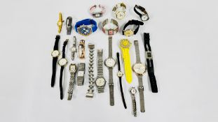 A TIN OF ASSORTED MODERN AND VINTAGE WRIST WATCHES TO INCLUDE DESIGNER BRANDED,