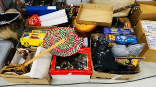 5 X BOXES CONTAINING A GROUP OF MODERN AND VINTAGE GAMES, DRESSING UP CLOTHES, STAR TREK MODELS,
