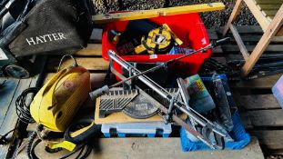 SHED SUNDRIES AND TOOLS TO INCLUDE K'ARCHER PRESSURE WASHER, MITRE SAW, SPIRIT LEVEL,