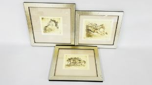 A SET OF THREE FRAMED AND MOUNTED HORSE RACING PRINTS TO INCLUDE PENCIL SIGNATURE (2 MARKED ARTISTS