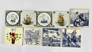 4 X BLUE AND WHITE AUSTRIAN TILES, 4 X DELFT STYLE EXAMPLES AND FURTHER MAJOLICA STYLE.