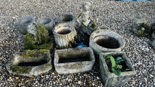 A GROUP OF 10 GARDEN STONEWORK PLANTERS INCLUDING LOG DESIGN, BRICK DESIGN,