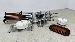 3 X BOXES CONTAINING GOOD QUALITY MEYER COOKING PANS, CHROME BREAD BIN, PAN STANDS,