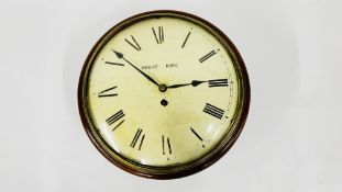 A VINTAGE MAHOGANY WALL CLOCK, FUSEE MOVEMENT WITH A CONVEX DIAL MARKED 