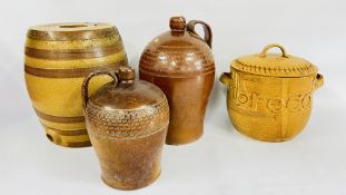 TWO STONEWARE FLAGONS AND A STONEWARE BARREL ALONG WITH A POTTERY BREAD BIN SIGNED ANGELO SINCLAIR.