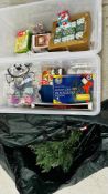 2 X LARGE BOXES OF ASSORTED CHRISTMAS DECORATIONS TO INCLUDE CRACKERS, LIGHTS, ETC.