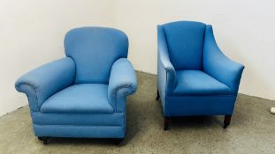 TWO VINTAGE BLUE UPHOLSTERED EASY CHAIRS.