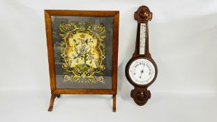 A VINTAGE MAHOGANY CASED BAROMETER H 80.5CM AND A VINTAGE TAPESTRY FIRESCREEN.