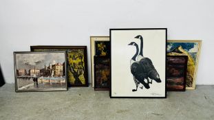 A GROUP OF ORIGINAL FRAMED ARTWORKS TO INCLUDE ABSTRACT AND WATERCOLOUR EXAMPLES + SAND DUNE BY