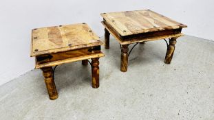 TWO RUSTIC HARDWOOD LAMP TABLES, 60 X 60CM AND 46 X 46CM.