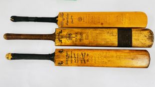 THREE VARIOUS VINTAGE CRICKET BATS BEARING SIGNATURES INCLUDING SUMMERS BROWN & SONS, B.