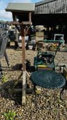 GARDEN BIRD TABLE AND SMALL DECORATIVE CAST METAL GARDEN TABLE.