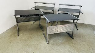 4 MODERN DESIGNER METAL FRAMED AND BLACK GLASS OFFICE DESKS, TWO WITH UPSTANDS.