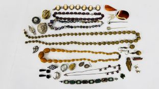 A QUANTITY OF VICTORIAN AND LATER JEWELLERY TO INCLUDE GLASS BEADS, EARRINGS, SOME SILVER ETC.