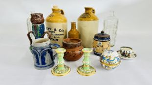 A GROUP OF SUNDRY CHINA TO INCLUDE STONEWARE FLAGONS, DOULTON LAMBETH TOBACCO JAR,