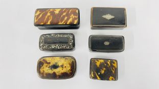 A COLLECTION OF 6 VINTAGE PAPIER MACHE SNUFF BOXES TO INCLUDE FAUX TORTOISESHELL EXAMPLES.