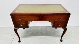 REPRODUCTION MAHOGANY 4 DRAWER KNEE HOLE DESK WITH LEATHER TOOLED TOP W 112CM, D 56CM, H 79CM.