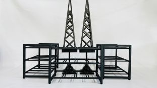 A PAIR OF METAL CRAFT OBELISK CANDLE STANDS H 88CM AND 3 METAL WINE RACKS W 42.5 X D 24.5 X H 31.