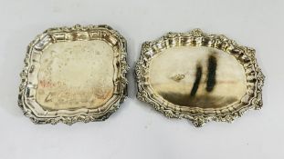A SMALL ORNATE WHITE METAL TRAY AND ONE OTHER (NO VISIBLE HALL MARKS).