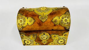 AN ANTIQUE WALNUT DOMED STATIONERY BOX, WITH ELABORATE BRASS MOUNTS W 19 X D 12CM X H 14.5CM.