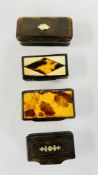 A COLLECTION OF 4 VINTAGE HORN SNUFF BOXES TO INCLUDE EXAMPLES WITH INLAID TORTOISESHELL PANELS.