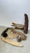 A GROUP OF DECORATIVE DRIFTWOOD ITEMS.