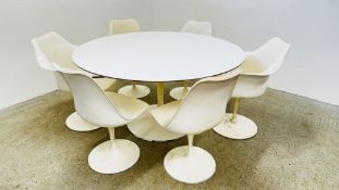 A 1960 / 1970 DESIGNER TULIP STYLE CIRCULAR TABLE AND 6 CHAIRS INCLUDING TWO ARM CHAIRS - SWIVEL