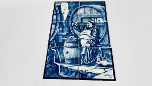 A SET OF 6 BLUE / WHITE TILES (PROBABLY PORTUGUESE) 40 X 30 CM FOR COFFEE TABLE DEPICTING 