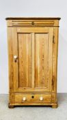 ANTIQUE WAXED PINE SINGLE DOOR WARDROBE WITH DRAWER TO BASE, W 99CM X D 52CM X H 169CM.