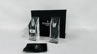 A PAIR OF BOXED WATERFORD CRYSTAL CANDLE HOLDERS, HEIGHT 15.5CM.