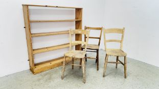 ANTIQUE WAXED PINE FOUR TIER OPEN BOOKSHELF W 116CM D 23CM H 122CM ALONG WITH THREE VINTAGE ELM