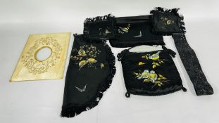 A VICTORIAN HAND PAINTED SATIN CASE AND COVERS TOGETHER WITH A RIBBON WORK FRAME AND A BEADED BELT.