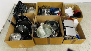 SIX BOXES CONTAINING GOOD QUALITY KITCHENWARE TO INCLUDE TEFAL COOKING PANS, BAKING TRAYS, UTENSILS,