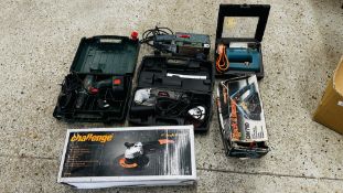 WORKSHOP POWER TOOLS TO INCLUDE CHALLENGE 2000 WATT 9 INCH ANGLE GRINDER, A CASED BOSCH 14.