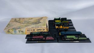 A GROUP OF 9 VARIOUS MODEL TRAINS + A BOXED AIRFIX KIT OF A SPITFIRE (NO GUARANTEE TO BE COMPLETE).