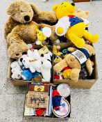 FOUR BOXES ASSORTED SOFT TOYS TO INCLUDE POOH BEAR, PUDSY COLLECTABLE, PANDAS, LLAMAS, ETC.