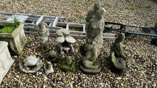 A GROUP OF GARDEN DECORATIVE STONEWORK TO INCLUDE THREE FIGURES THE TALLEST 70CM,
