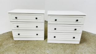 A PAIR OF MODERN WHITE FINISH 3 DRAWER CHESTS EACH W 77CM D 40CM H 70CM.