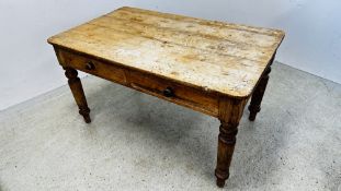 ANTIQUE TWO DRAWER KITCHEN TABLE WITH NATURAL SCRUBBED TOP, 138CM X 83CM.
