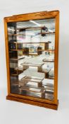 A HARDWOOD ORIENTAL DESIGN WALL HANGING COLLECTORS DISPLAY CASE W 51CM H 81CM.