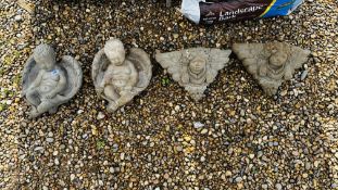 A PAIR OF CHERUB DESIGN STONEWORK WALL POCKETS ALONG WITH PAIR OF ANGEL STONEWORK WALL DECORATIONS.