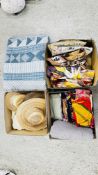 A GROUP OF FABRIC RELATED ITEMS TO INCLUDE CUSHIONS, QUILT, BLANKETS, MATERIAL ETC.