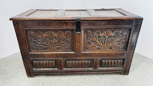 C17TH OAK COFFER, THE FRONT PANELS CARVED WITH FRUITING VINES,