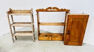 2 PIECES OF VINTAGE PINE FURNISHINGS TO INCLUDE WALL MOUNTED SINGLE DOOR CABINET,