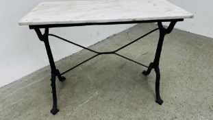 A CAST IRON TABLE FRAME WITH MARBLE TOP W 92CM D 45CM.