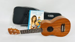 LAKA UKULELE IN KINSMAN PADDED CASE WITH TUITION BOOK.